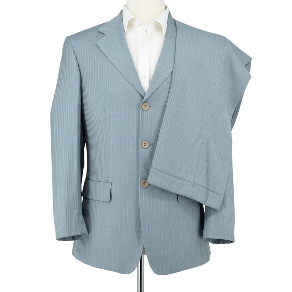 Vintage Rizzoli Uomo Suit 36R Italy Blue Stripe Mens Tailored Blend Pants 32x30